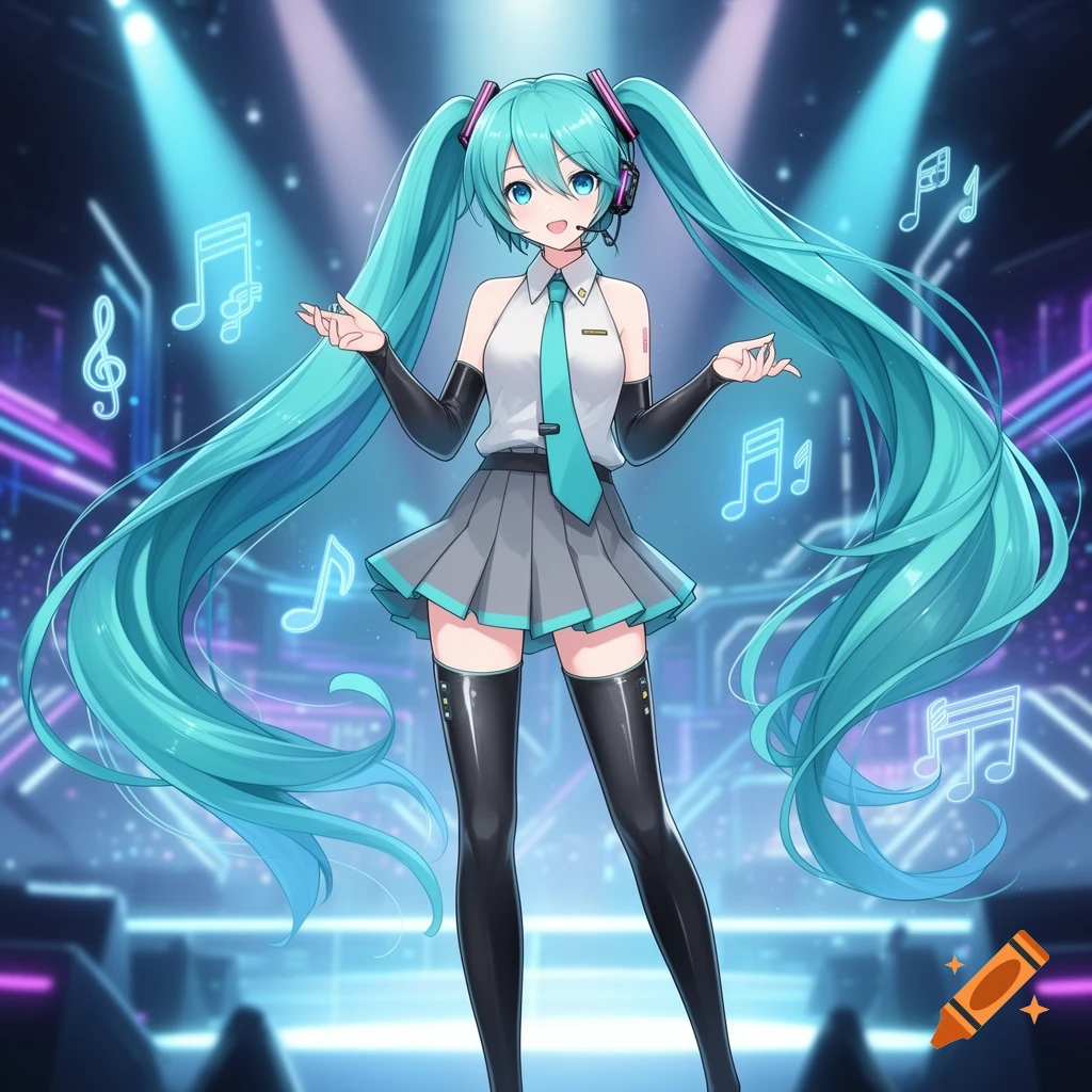 Hatsune Miku, an anime character with long turquoise pigtails, stands on a stage with glowing musical notes surrounding her.
