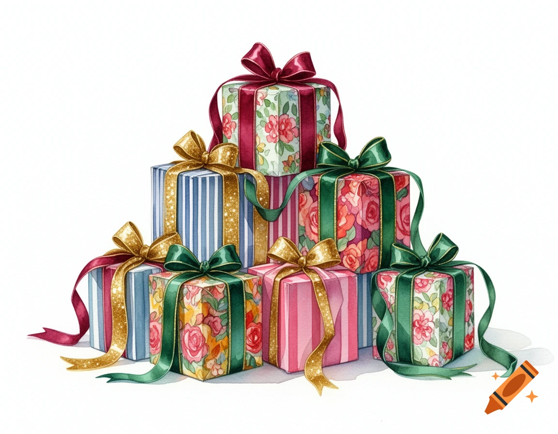 A watercolor illustration of a stack of colorful gift boxes with ribbons and bows on a white background.