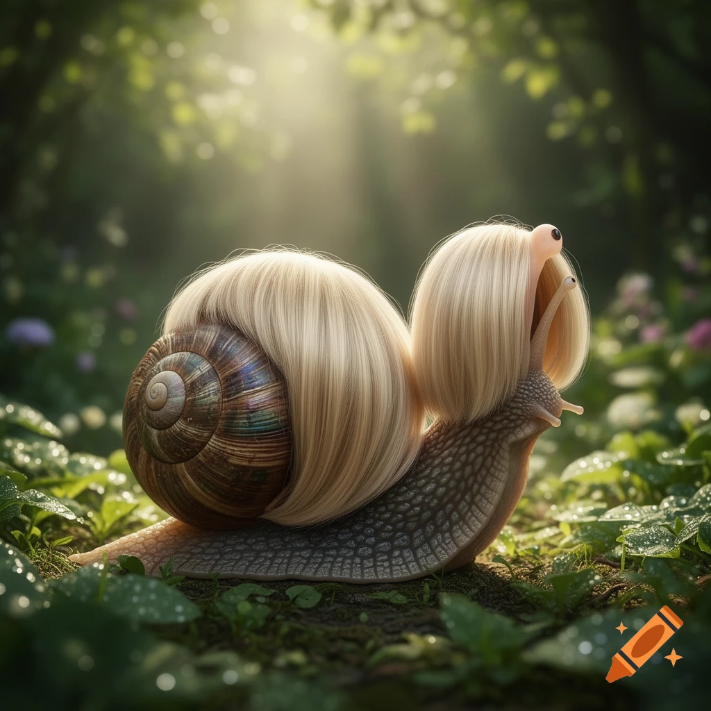 A photorealistic snail with a blonde bob haircut crawls on a forest floor, lit by dappled sunlight.