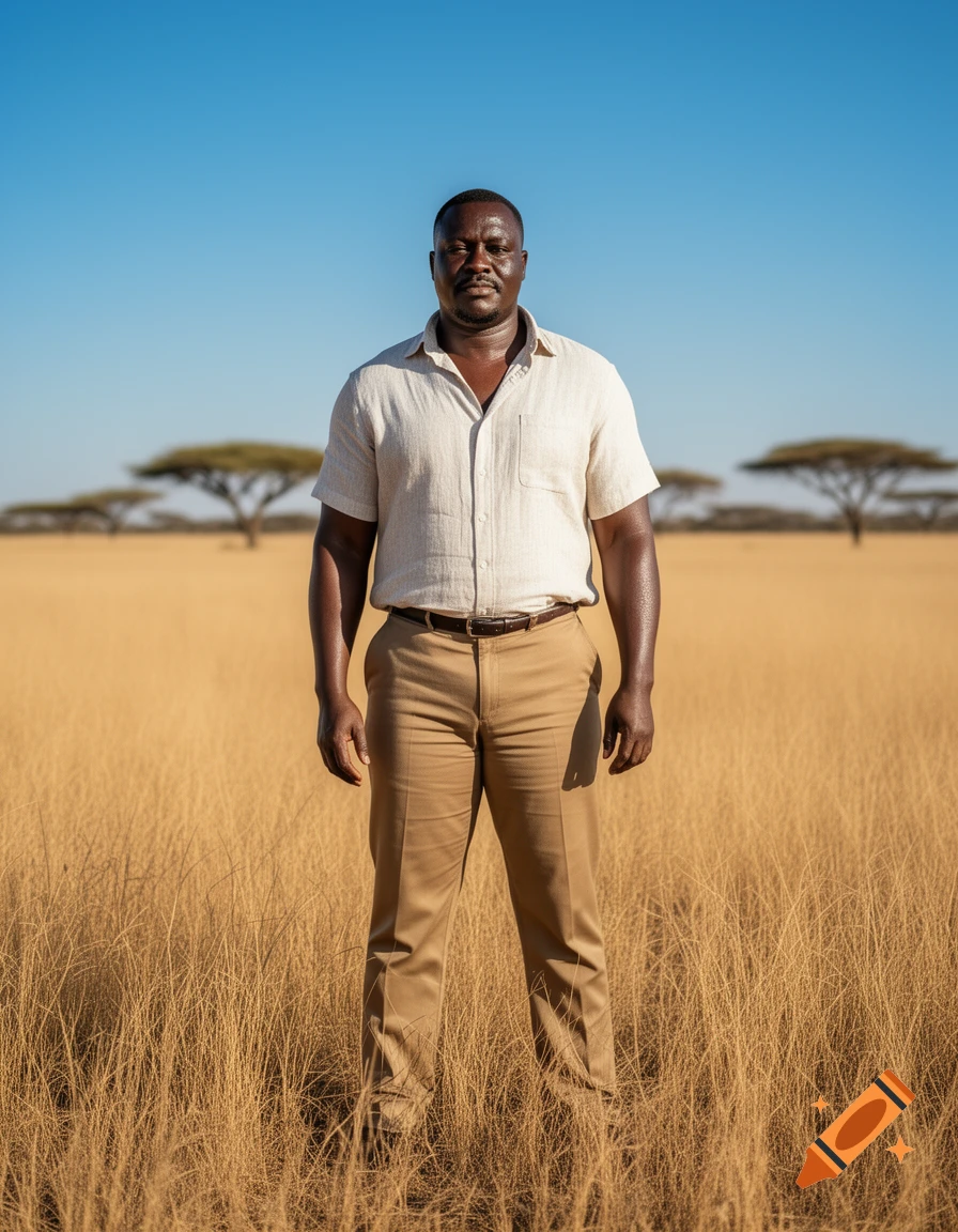 A photorealistic portrait of a man with dark skin, wearing a light shirt and khaki pants, standing in a golden grassy field with acacia trees.