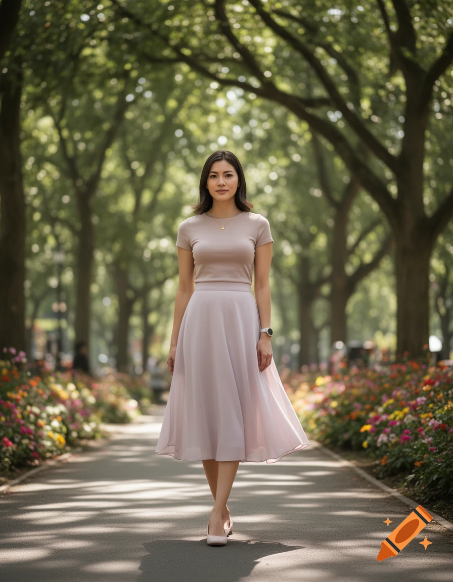 A photorealistic image of a woman in a light pink dress and top, walking down a tree-lined path with colorful flowers.