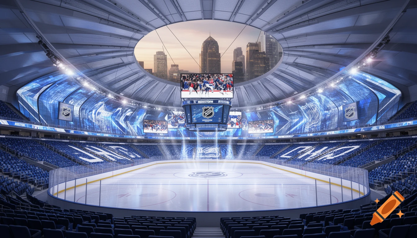 An expansive view inside a modern, renovated NHL hockey arena with an ice rink, blue seats, large digital screens, and a cityscape visible through an open roof at sunset.
