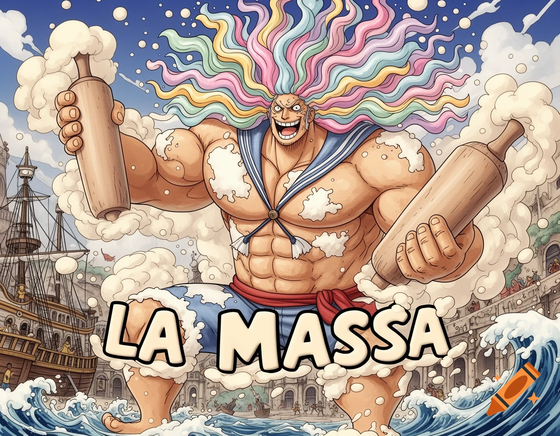 A muscular, smiling character with long, colorful hair holds two rolling pins, standing in water with ships and a city in the background, text 'LA MASSA'.