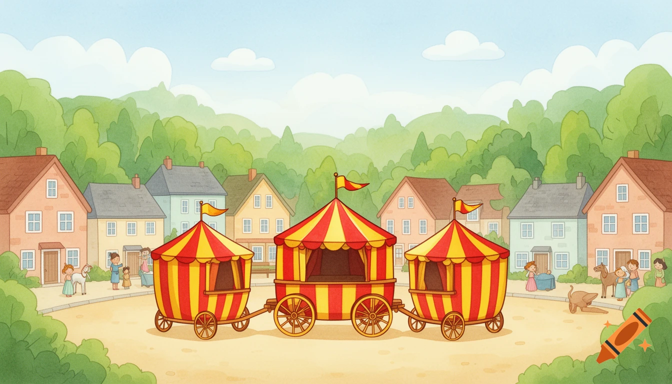 A charming watercolor illustration shows three red and yellow striped circus wagons in a village square, surrounded by houses and trees.