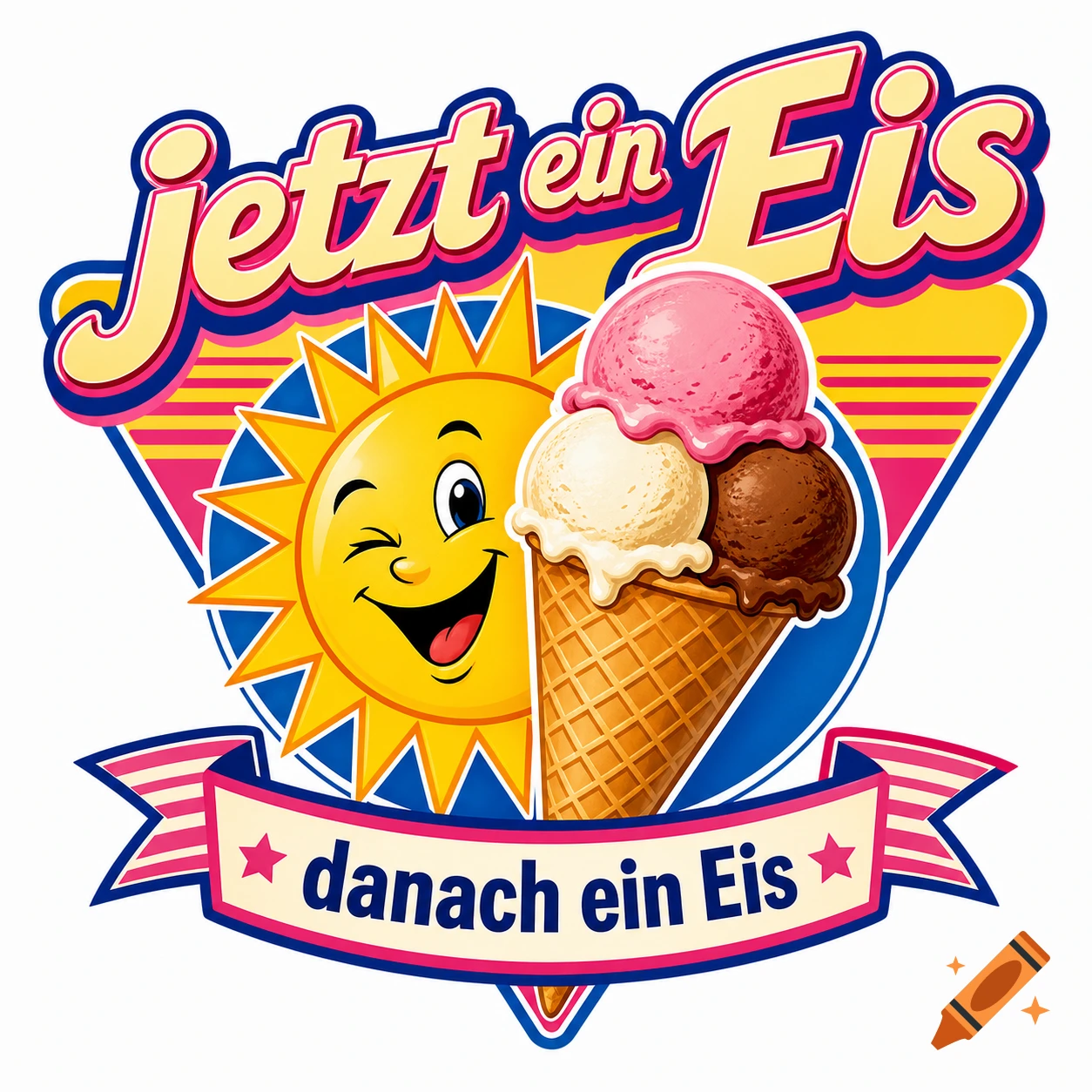 Retro-style logo with a winking sun, a triple-scoop ice cream cone, and text 'Jetzt ein Eis' and 'danach ein Eis'.