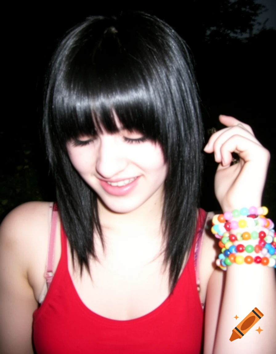 Close-up portrait of a young woman with black hair and bangs, wearing a red tank top and colorful bead bracelets, taken with harsh flash in a 2000s MySpace style.