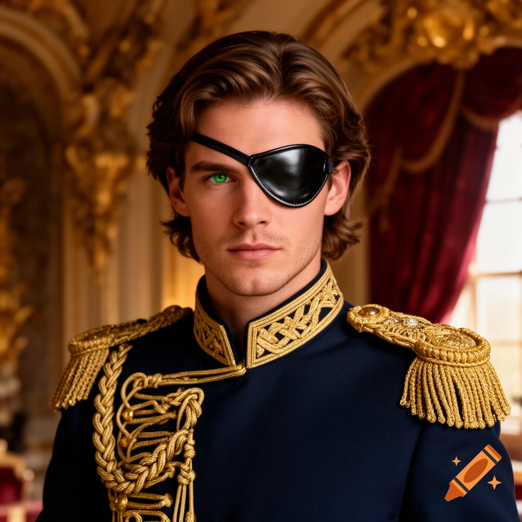 A photorealistic portrait of a young man with an eyepatch and a vibrant green eye, wearing a navy blue royal uniform with ornate gold trim.