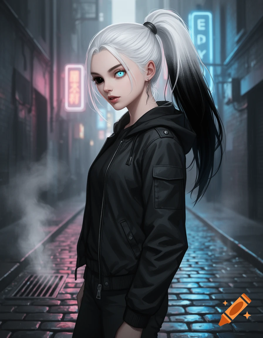 A stylized young woman with white hair in a ponytail and mismatched blue and black eyes stands in a dark, neon-lit alleyway.