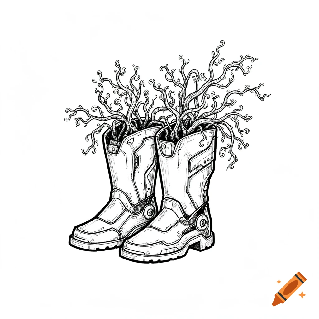Black and white line art drawing of two sci-fi boots with tangled plant roots growing out of them on a white background.