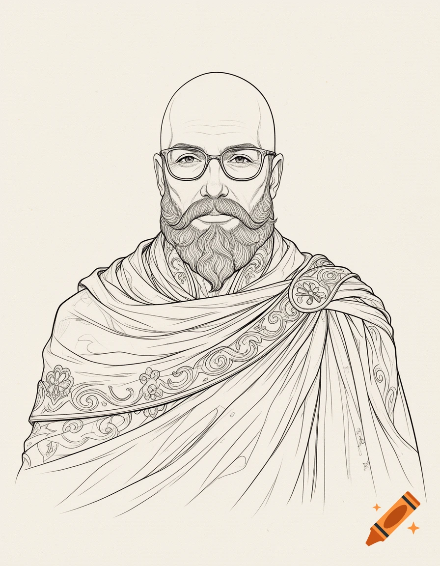 Line art drawing of a bald man with a full beard and glasses, wearing a draped cloak with ornate patterns.