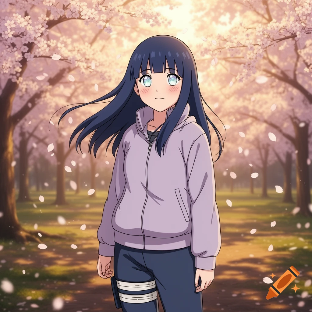 Anime character Hinata with dark blue hair in a purple hoodie and dark pants, smiling in a park filled with pink cherry blossom trees and falling petals.