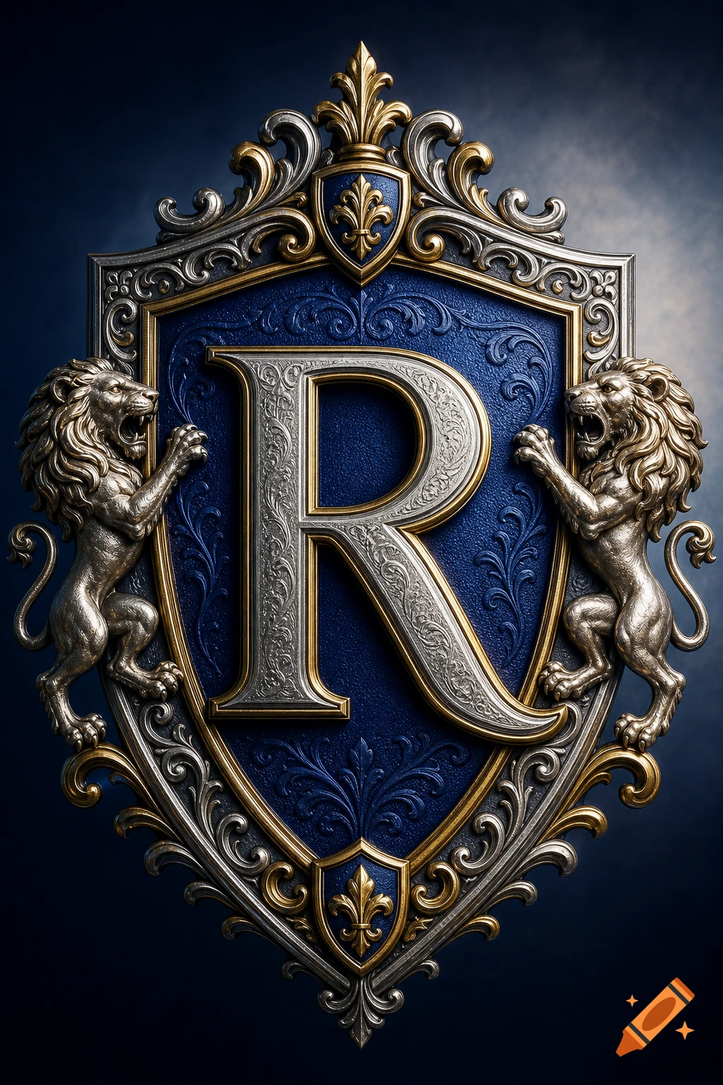 Ornate silver and gold crest with a prominent 'R', flanked by two rearing lions, on a dark blue background.