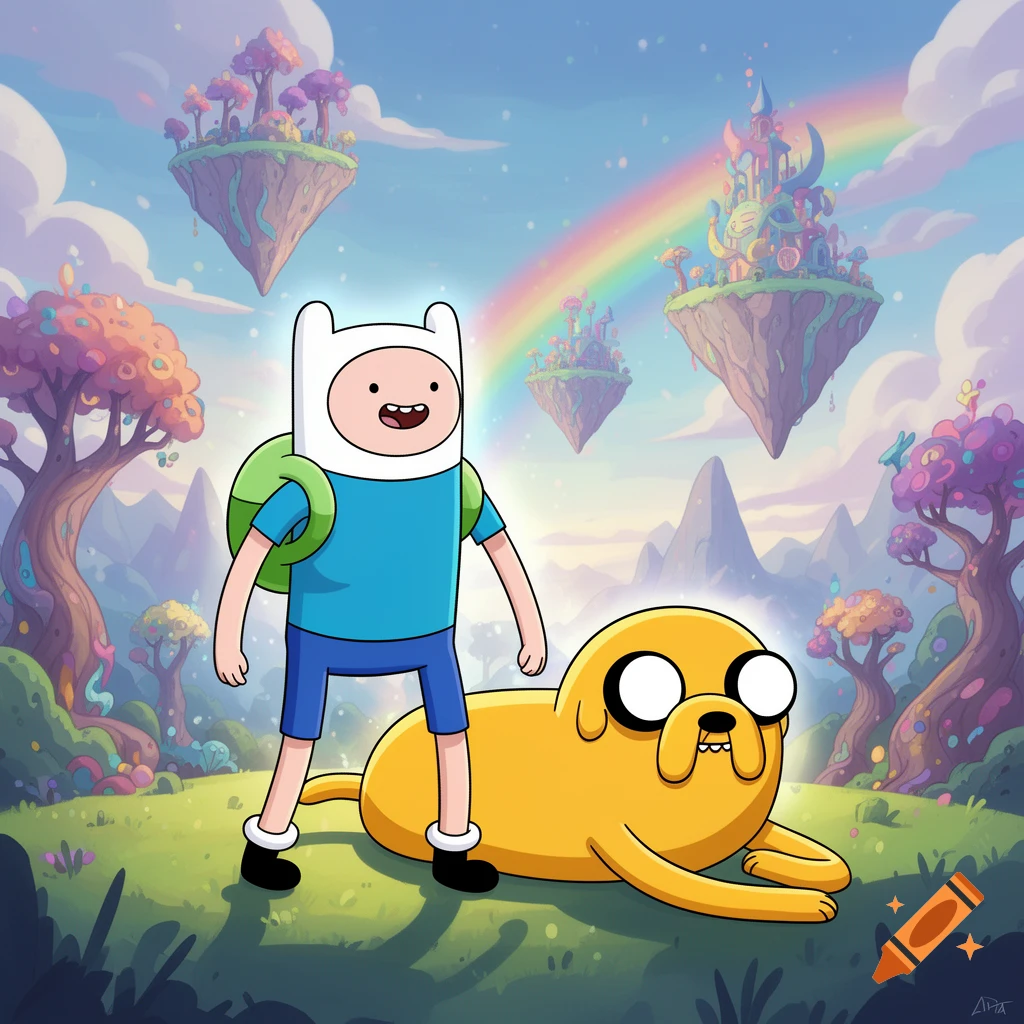 Finn and Jake stand in a colorful, whimsical fantasy landscape with floating islands and a rainbow in a cartoon style.