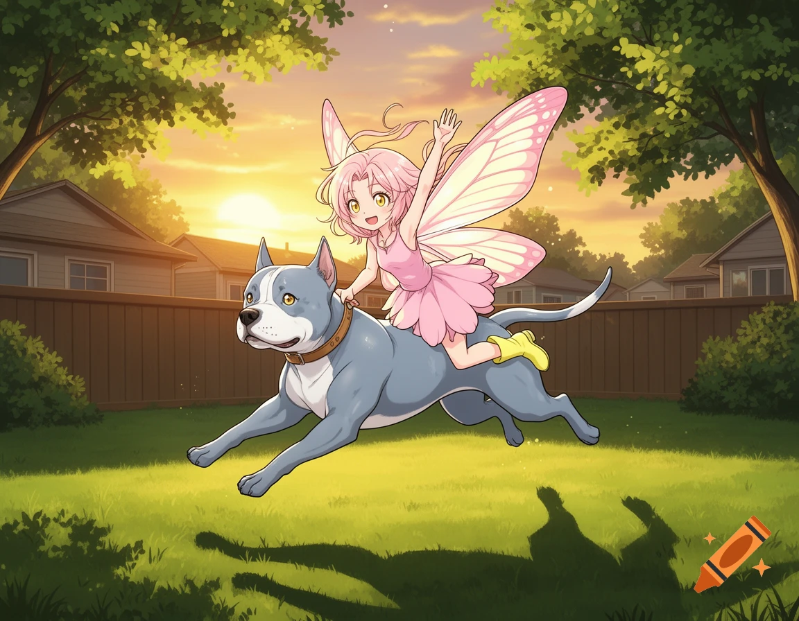 An anime-style fairy with pink hair and butterfly wings rides a blue Pitbull dog jumping in a suburban backyard at sunset.