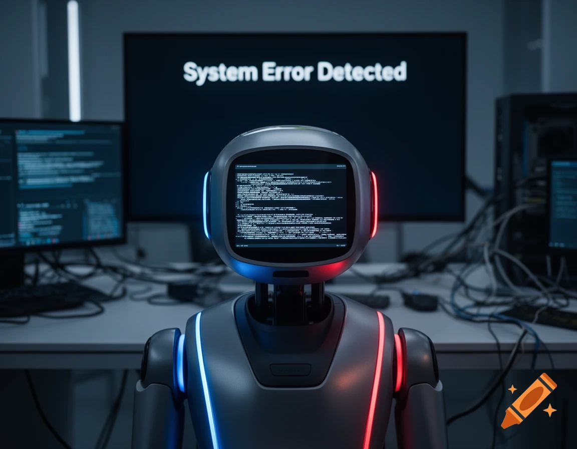 A humanoid robot with glowing blue and red lights sits in a tech environment, with a large screen displaying "System Error Detected" in the background.
