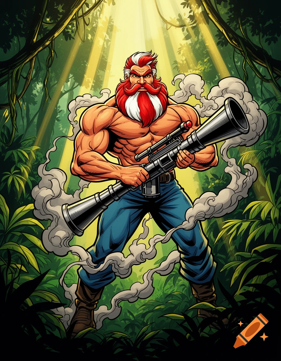 Muscular cartoonish action hero with a red and white beard holding a bazooka in a jungle with dramatic lighting and smoke, comic art style.