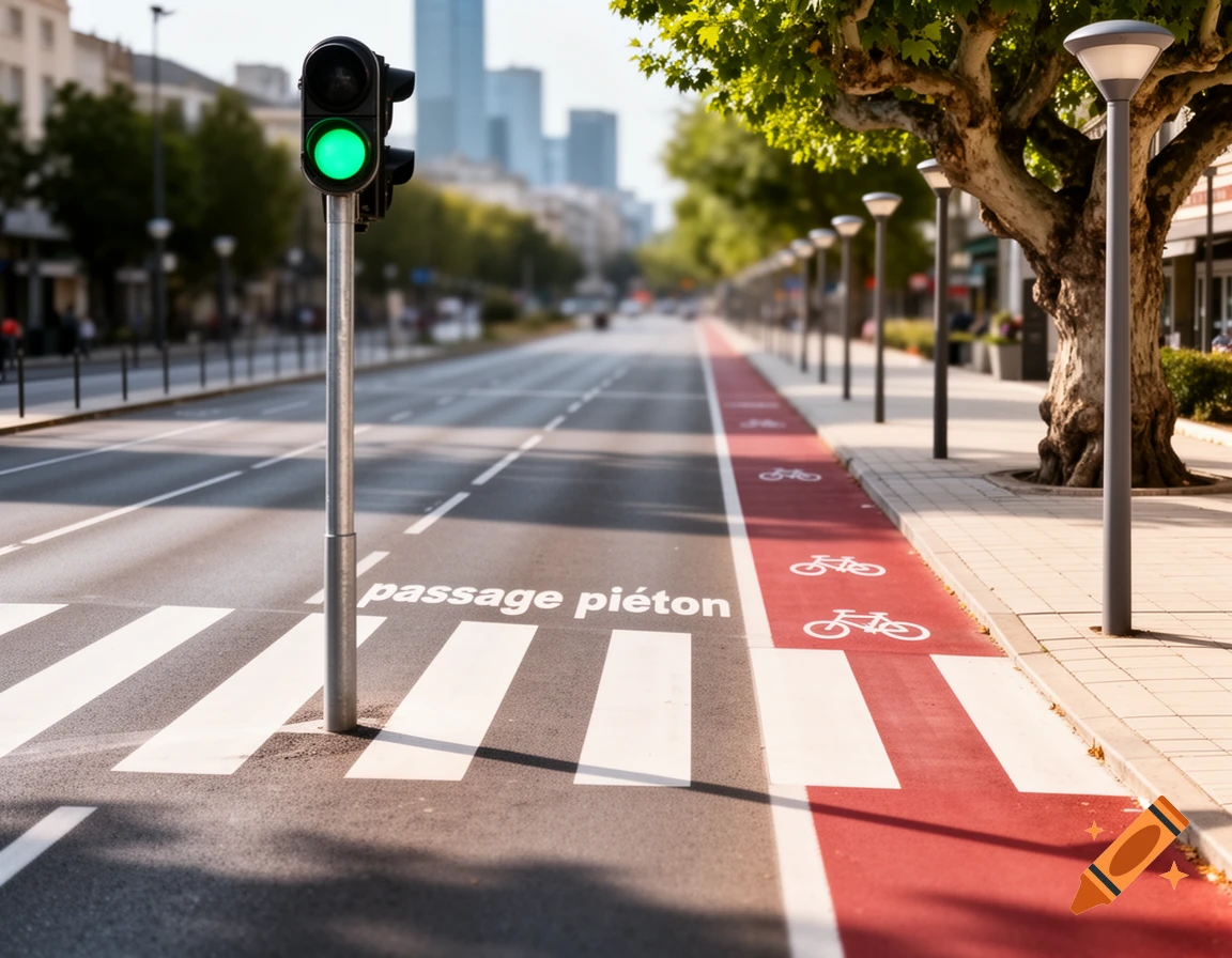 A photorealistic street scene with a green traffic light, crosswalk, red bike lane, sidewalk, and trees.