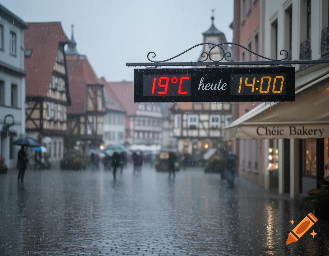 Rainy European street with pedestrians under umbrellas, a digital sign displaying 19 C and 14:00, and a 'Cheíc Bakery' awning.