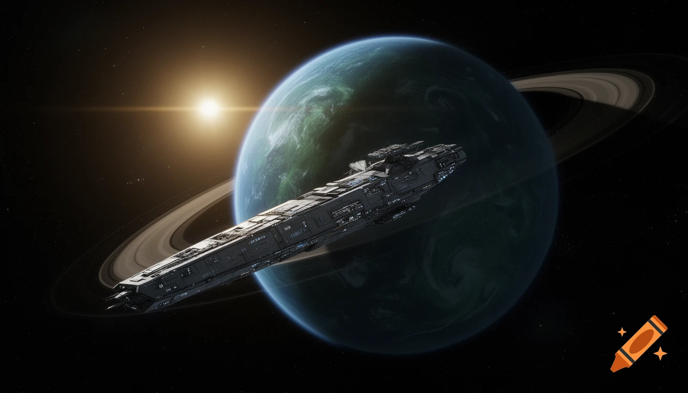 A long, dark grey spacecraft flies past a ringed, green and blue planet with a bright star in the black space background, photorealistic style.