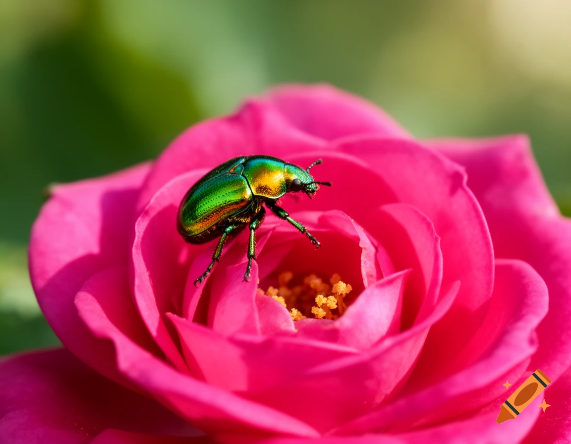 A vibrant green and gold beetle rests on the bright pink petals of a rose in a photorealistic close-up.