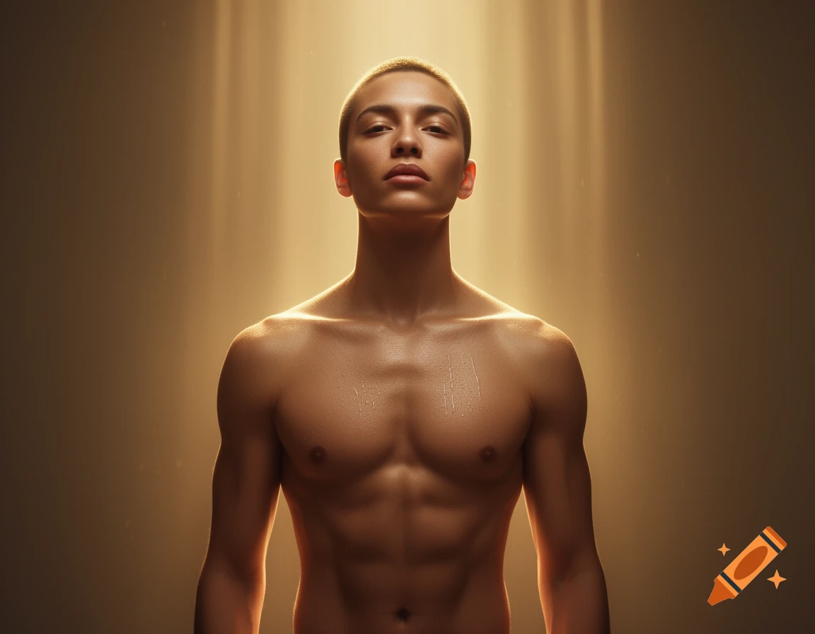 Photorealistic portrait of a shirtless person with short hair, illuminated by golden light from above.