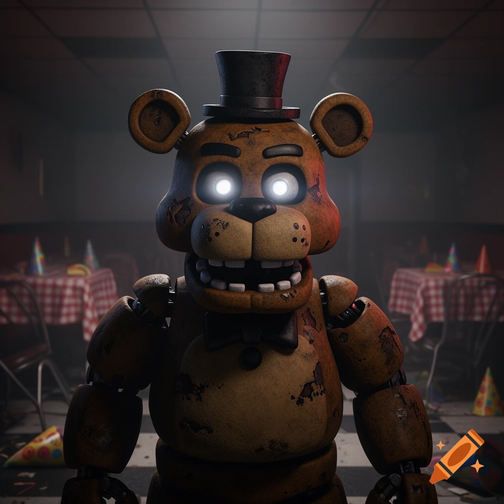 A scary, worn-out Freddy Fazbear animatronic with glowing white eyes stares forward in a dimly lit party room.