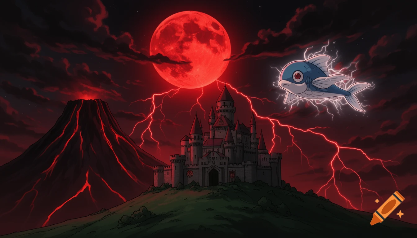 An anime-style landscape with a castle, erupting volcano, and a flying blue fish under a red blood moon and lightning.