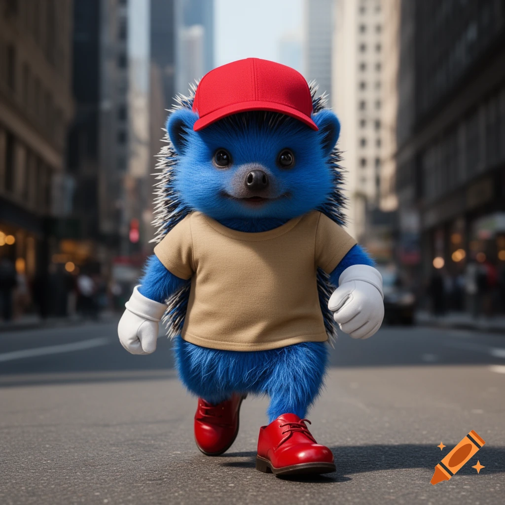 A photorealistic blue hedgehog character wearing a tan shirt, red cap, white gloves, and red shoes walks on a city street.