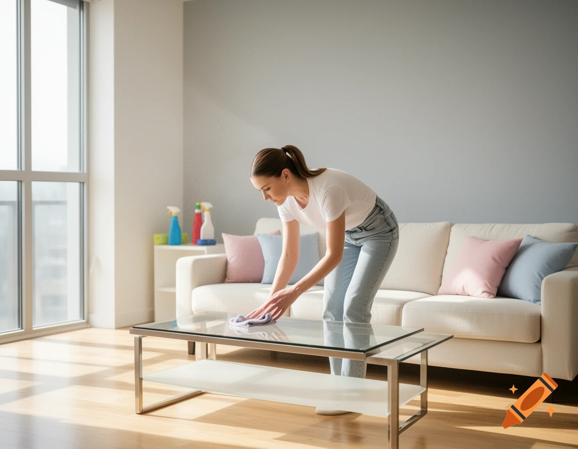 A woman in a white t-shirt and jeans cleans a glass coffee table in a bright, modern living room.