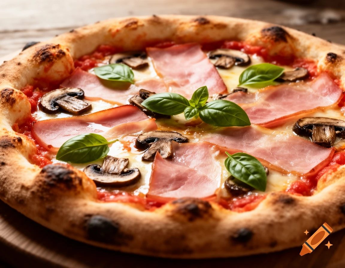 A close-up, photorealistic image of a delicious pizza with ham, mushrooms, and fresh basil leaves.