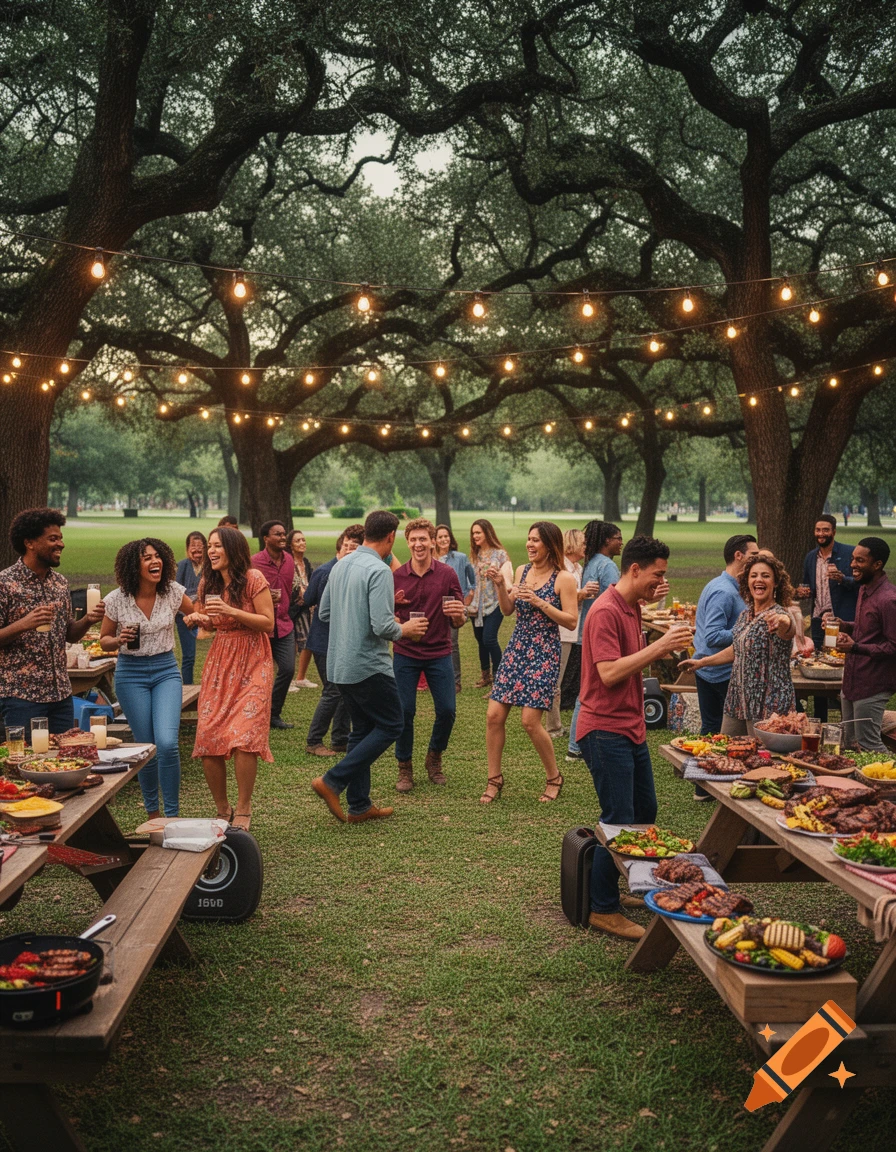 A lively BBQ party with many people socializing, eating, and dancing under string lights strung between large trees in a park.