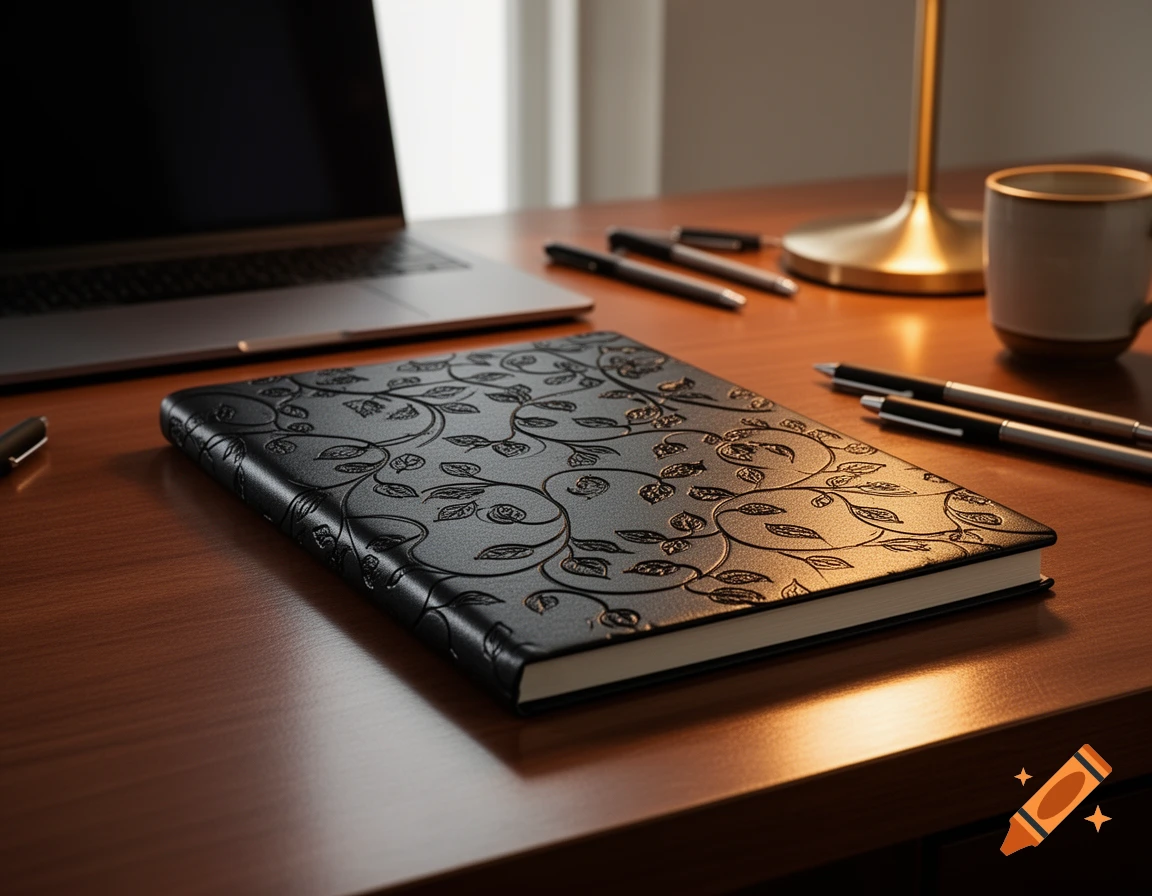 A black notebook with an embossed leaf pattern lies on a wooden desk next to a laptop, pens, a lamp, and a mug.