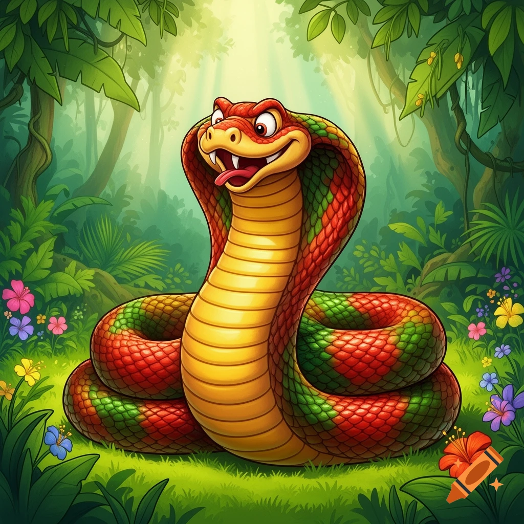 A funny cartoon cobra snake with red, green, and yellow scales smiles in a lush green jungle with colorful flowers.