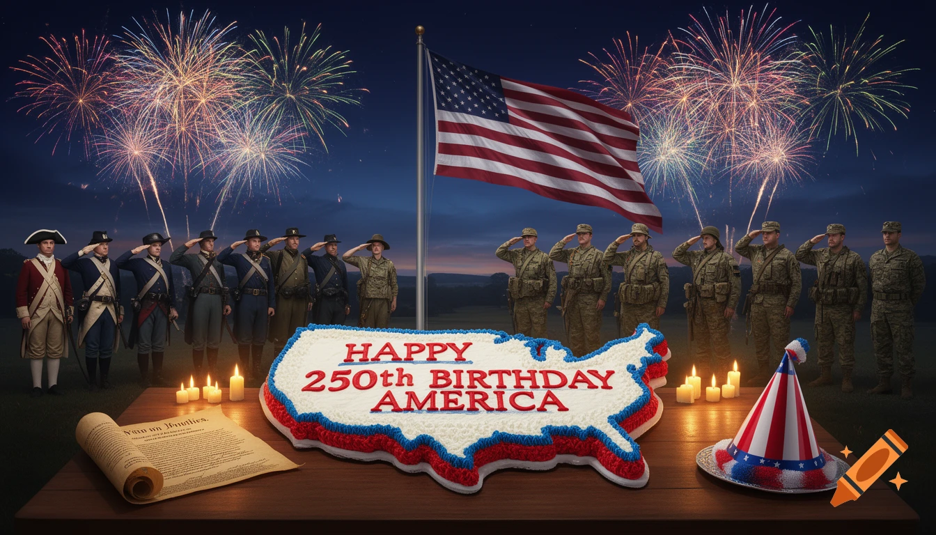 An American flag waves over a lineup of saluting soldiers from different eras, with fireworks and a USA-shaped cake reading "HAPPY 250th BIRTHDAY AMERICA" in the foreground.