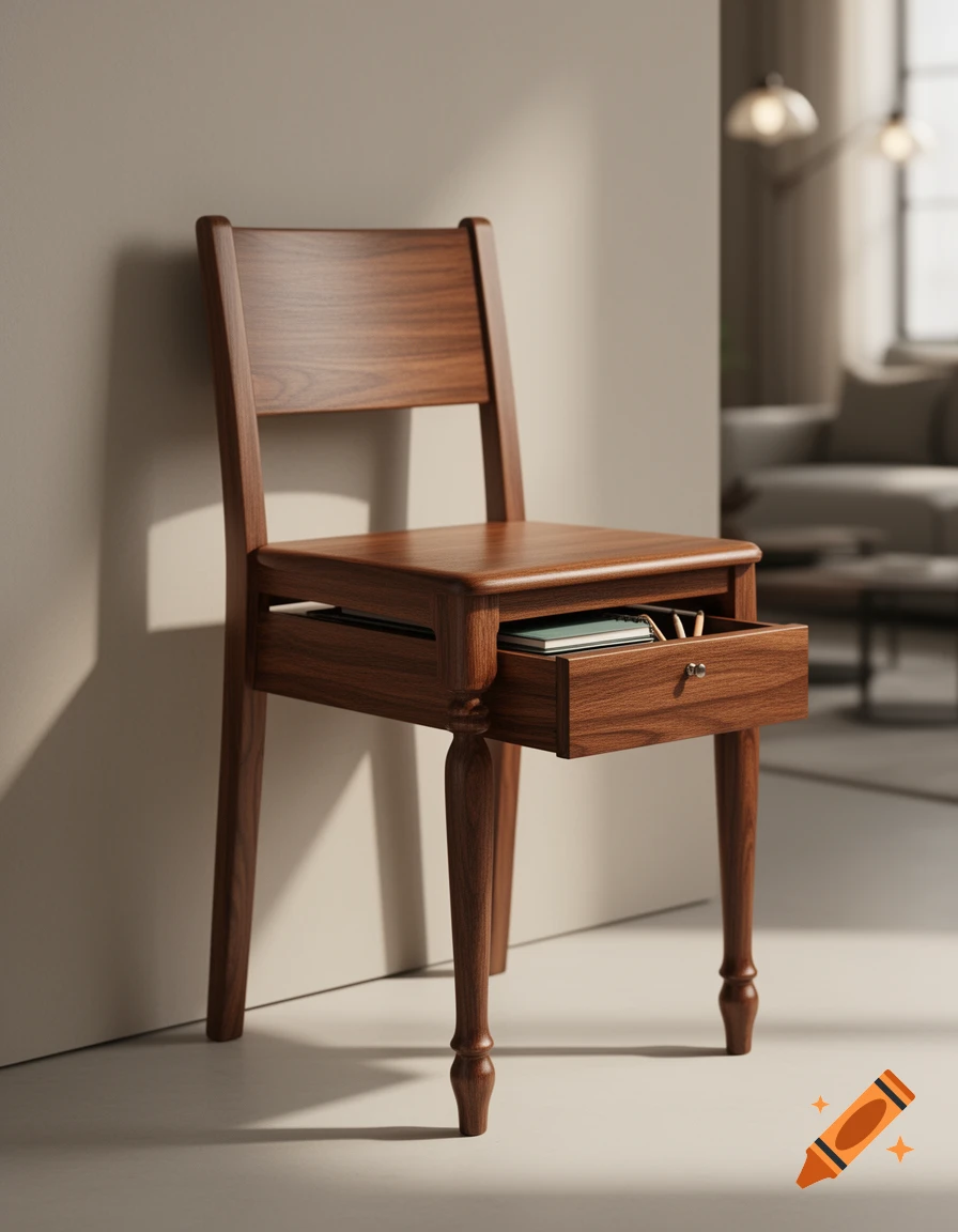 A photorealistic image of a unique wooden chair with an open drawer under its seat, containing a notebook and pens, in a minimalist interior.