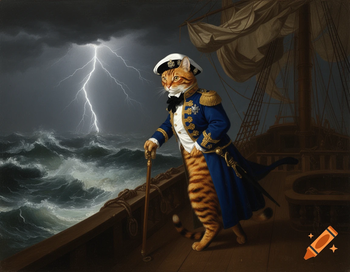 Ginger tabby cat admiral on a stormy ship deck with lightning in classical painting style.