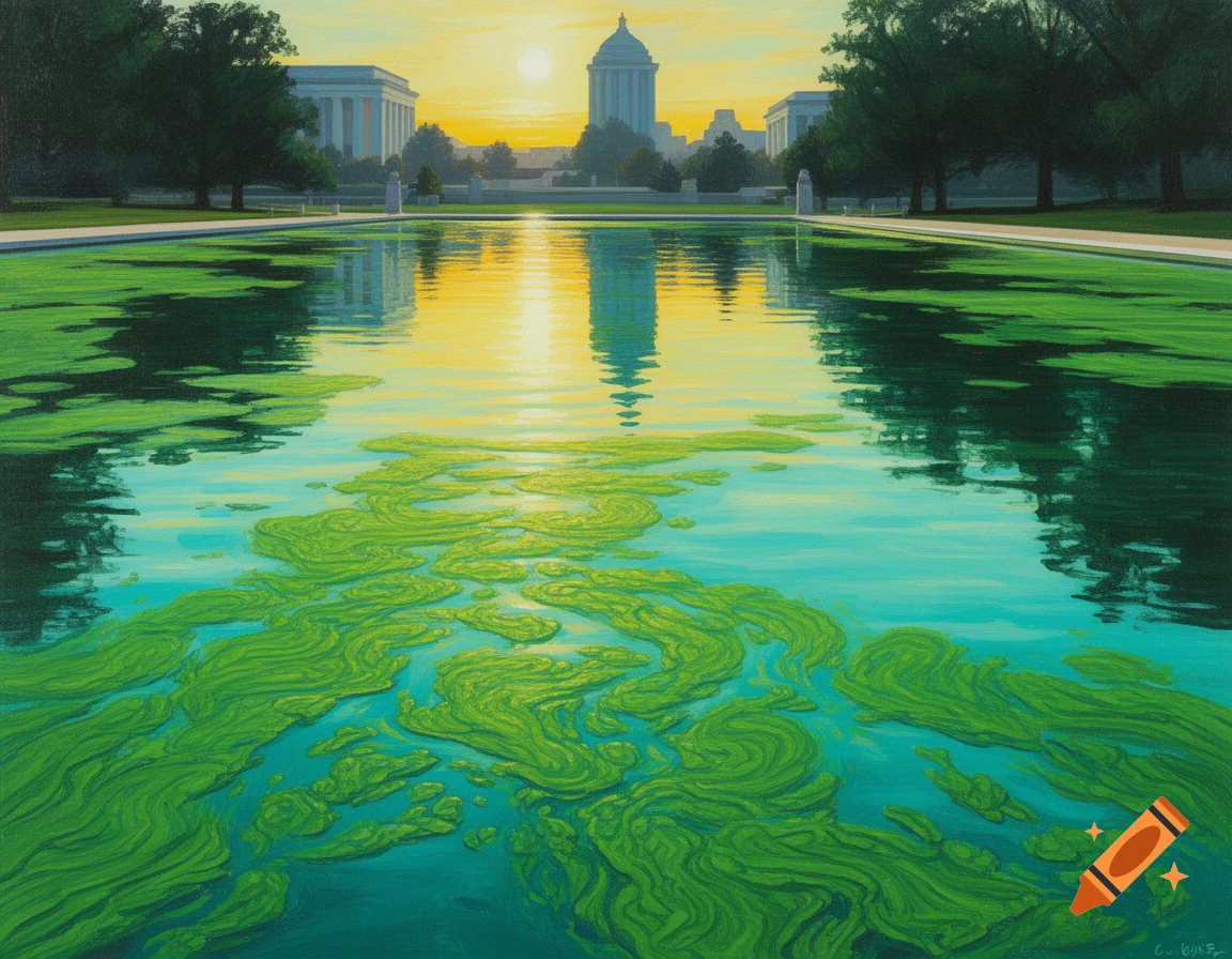 A vibrant painting of a reflecting pool filled with green algae, reflecting a sunset over a domed building and trees.