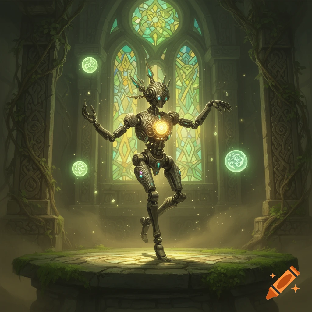 A detailed robot balances on one leg amidst glowing orbs in a fantasy temple with stained glass windows and overgrown vines.