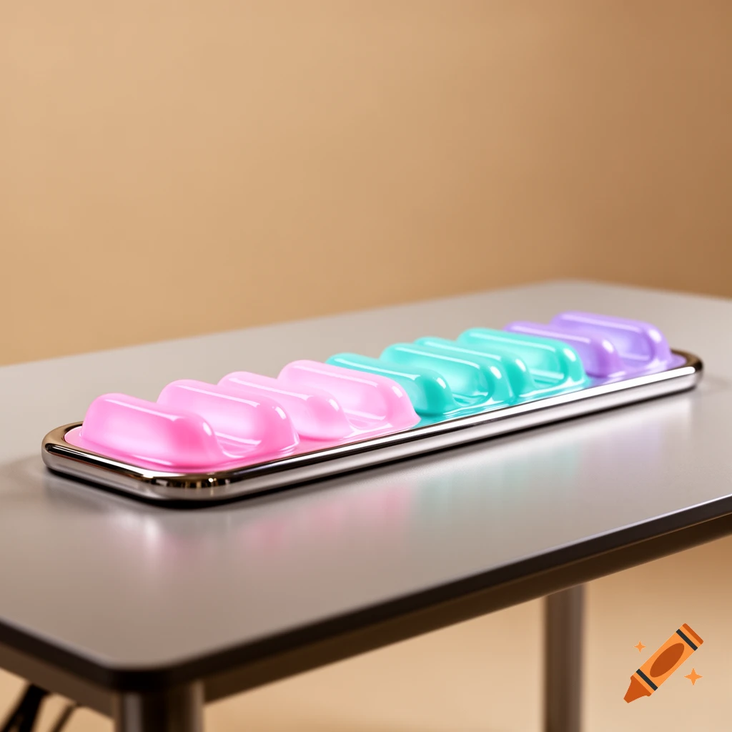 A long silver tray holds six colorful, translucent jelly-like objects in pink, teal, and purple on a gray table.