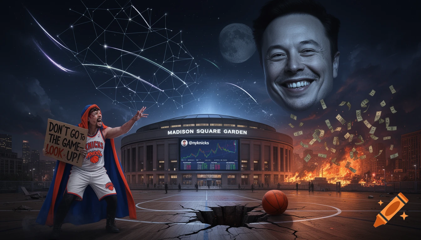 A surreal, dystopian scene: a Knicks fan protests outside Madison Square Garden under Elon Musk's giant grinning face, as money falls onto a burning city.