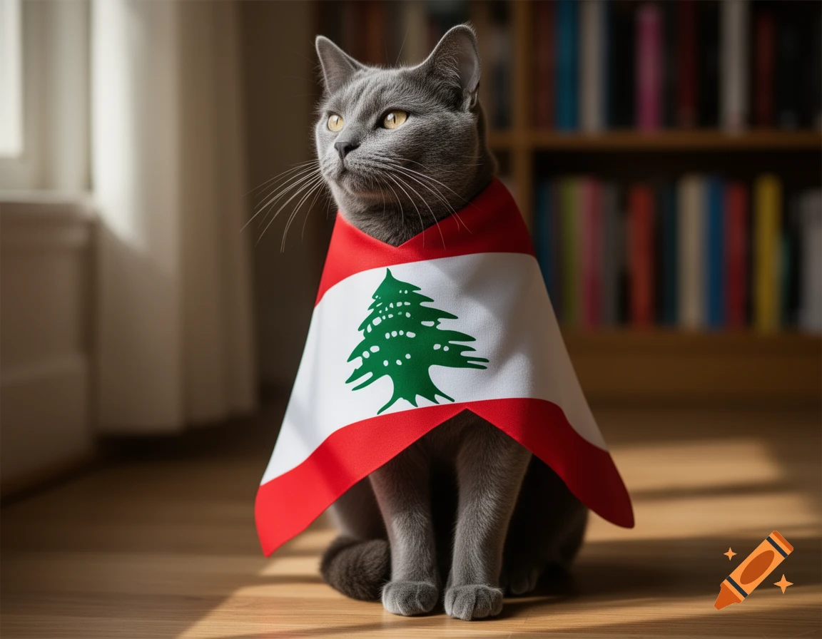 A gray cat sits indoors, draped in a white, red, and green Lebanese flag, looking up.