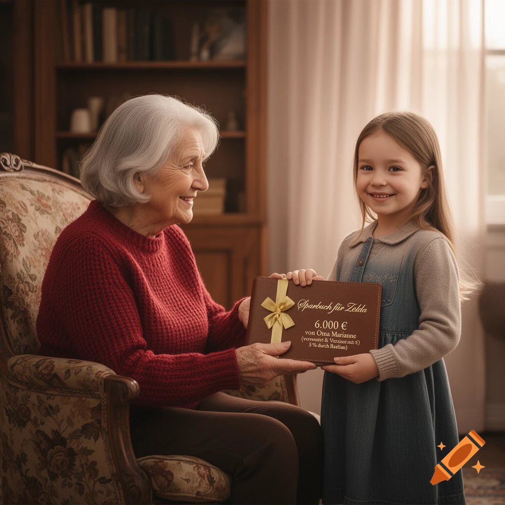 An elderly woman in a red sweater gives a brown savings book with a gold ribbon to a smiling young girl in a blue dress, in a warm, indoor setting.