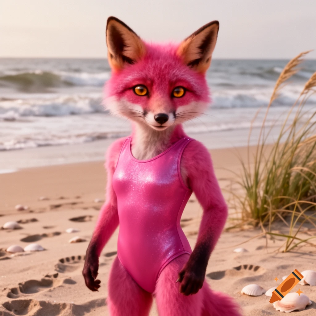 Photorealistic pink anthropomorphic fox in a shiny pink one-piece swimsuit on a sandy beach with ocean waves and tall grass.