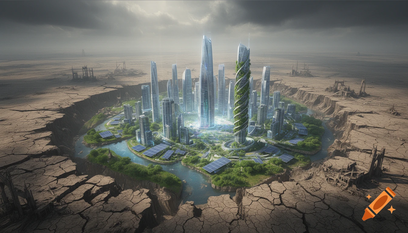 A vibrant, futuristic city with skyscrapers and greenery sits in a deep chasm within a desolate, cracked desert landscape.