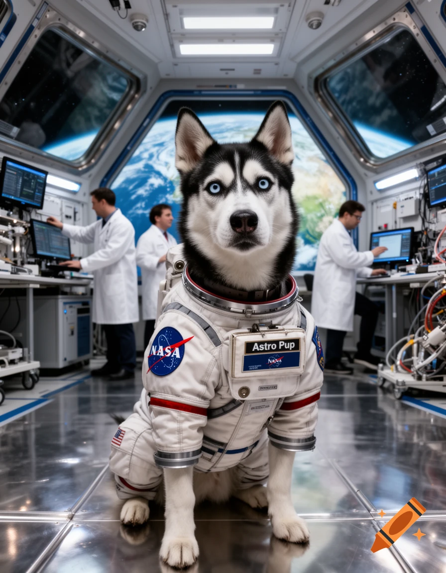 A photorealistic image of a husky dog in an astronaut suit sitting in a space station with Earth visible through the windows.