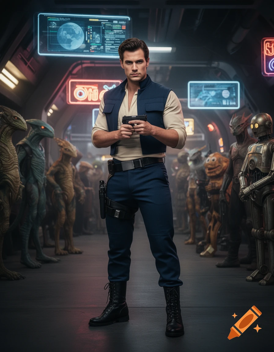 A man resembling Han Solo, with dark hair, wears a beige shirt and blue vest, holding a pistol in a futuristic space station with aliens and robots in the background.
