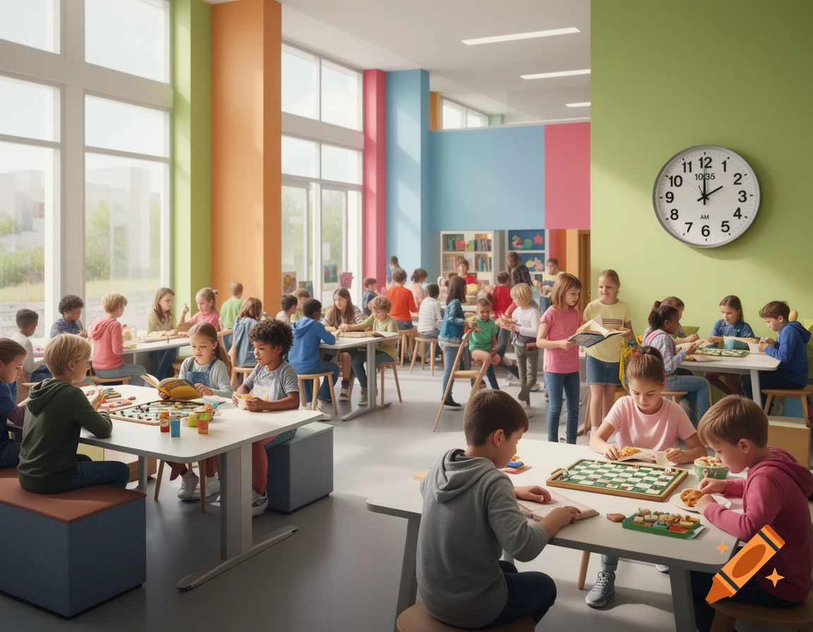 A lively school break scene with many children playing board games, reading, and eating in a bright, modern common room with colorful walls.