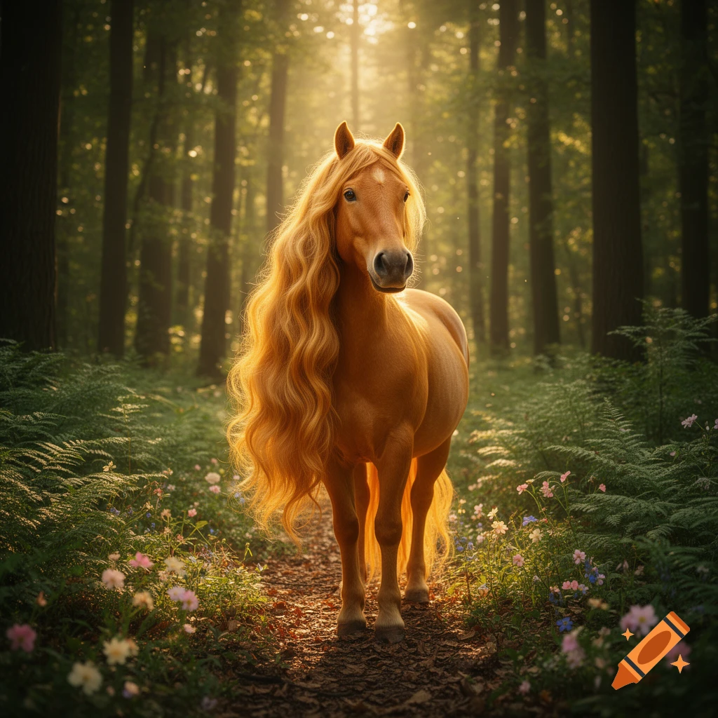 A golden horse with an exceptionally long, wavy mane stands on a forest path with sunbeams shining through the trees.