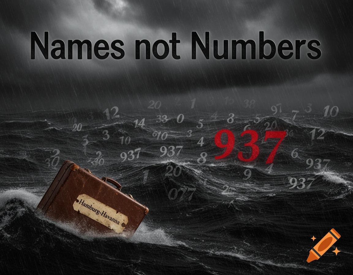 A brown leather suitcase labeled "Hamburg-Havanna" floats on a dark, stormy sea with rain. Numbers, including a large red "937", are visible in the waves. "Names not Numbers" is written in the sky.