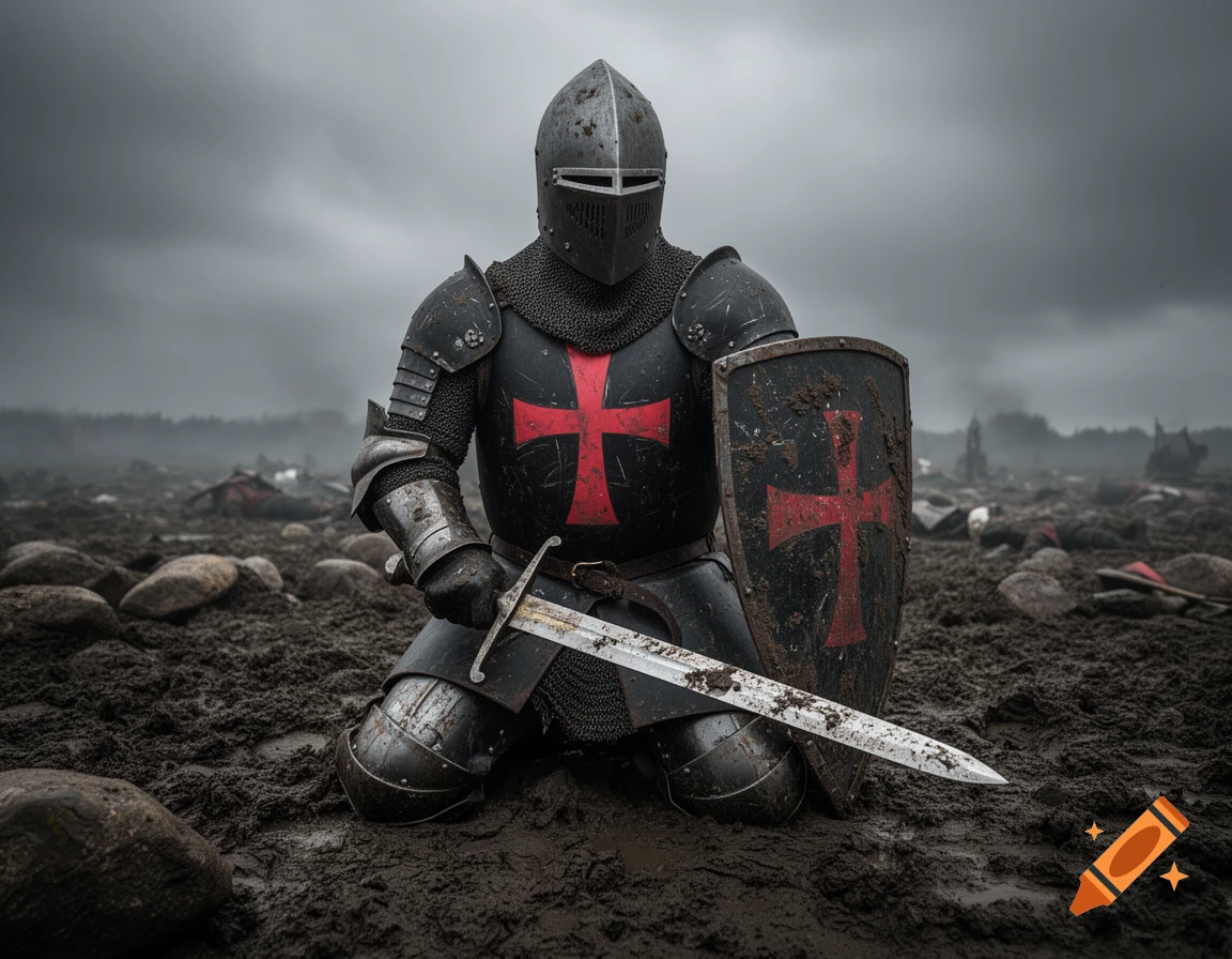 A photorealistic armored knight with red cross insignia kneels on a muddy battlefield, holding a sword and shield.